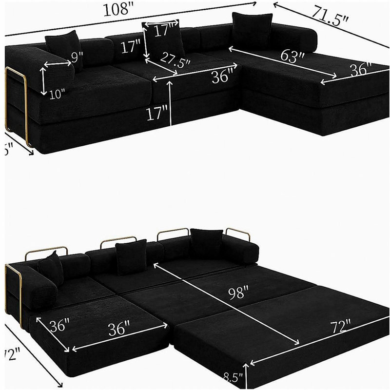 Canapé modulaire de 108 po avec méridienne en forme de L, méridienne désossée à assise profonde, canapés à compression en éponge sans assemblage requis, canapé-lit pliant moderne avec dossier amovible