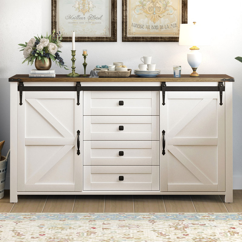 Draxen Farmhouse 55.1" Wood Sideboard With Sliding Barn Doors And 4 Drawers, White
