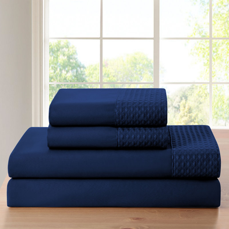 Bamboo 4 Piece 1800 Thread Count Waffle Hem Sheet Set, Navy, Queen