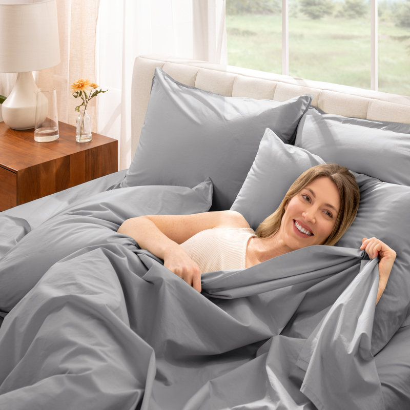 Ensemble de draps 100% coton percale, Gris clair, Ensemble de draps pour grand lit avec 2 taies d'or