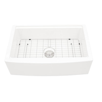 Station de travail en céramique blanche de 33 po pour la cuisine - et fiable, résistante aux égratignures, conception à rebord, surface tachée, évier à cuve profonde, comprend une grille de vaisselle en acier inoxydable 304, une crépine à panier,