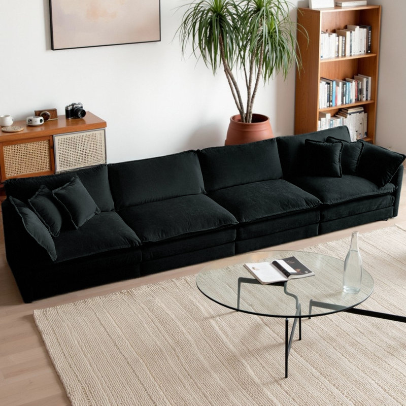 Canapé de style Mid-Century rembourré en chenille avec 5 coussins décoratifs, conception modulaire pour le salon, 4, Noir