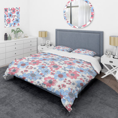 Ensemble de housse de couette floral bleu et rose - Polyester en microfibre