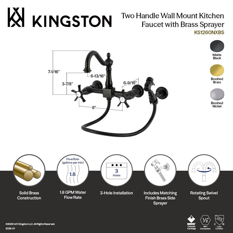 Kingston Brass Hamilton Double-Handle 3-Hole Wall-Mount Bridge Kitchen Faucet With Brass Sprayer, Brushed Brass