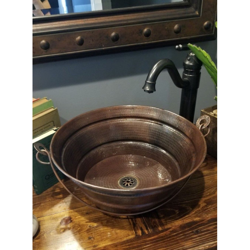 15'' Rustic Round Copper Bucket Vessel Bathroom Sink with Daisy Drain