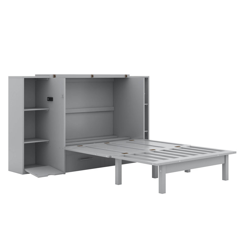 Grand lit escamotable avec tablettes, tiroirs et ports USB, Gris