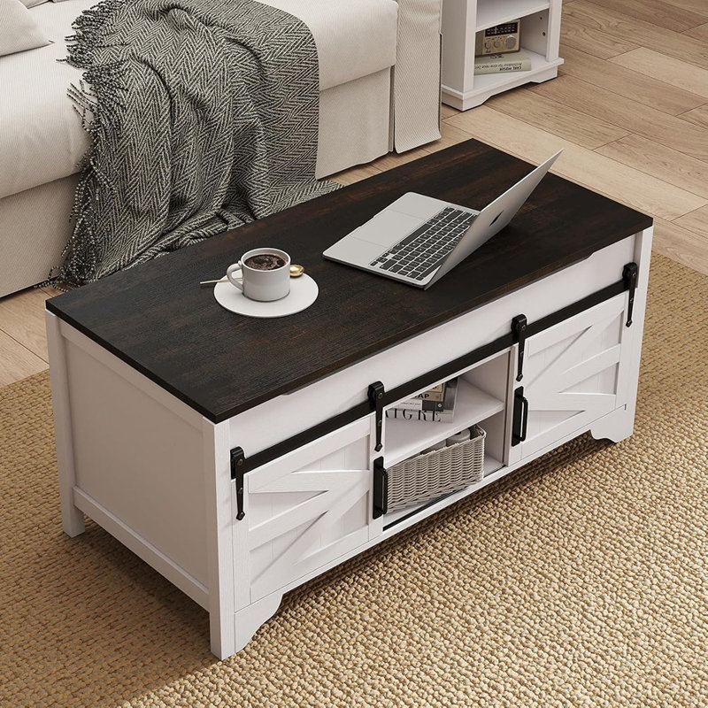 Table basse à plateau relevable avec rangement caché et porte de grange coulissante, table de centre rectangulaire moderne - blanc rustique et noir