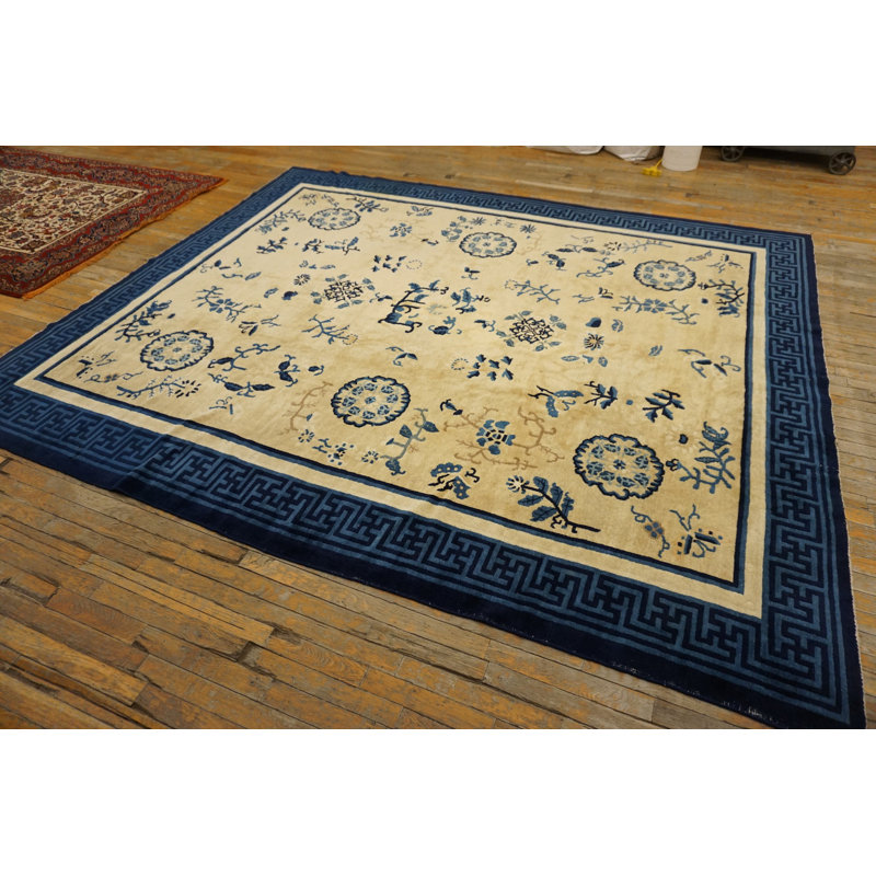 Tapis floral antique antique ivoire beige crème blanc en laine noué à la main des années 1900