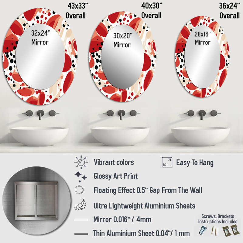 Red And White Polka Dots Pattern - Polka dots  Wall Mirror, Modern Decorative Mirror, Printed Metal Art, 40" H x 30" W, Oval