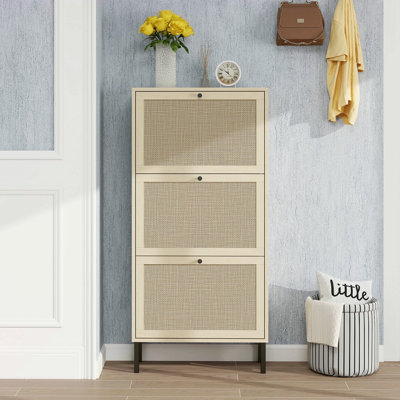 Rattan 3 Door Shoe Rack, Freestanding Modern Shoe Storage Cabinet, For Entryway