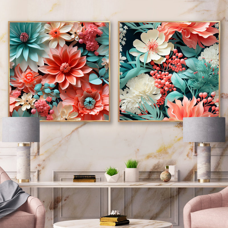 Temin - Ensemble de 2 collages carrés floraux, H 16 po x l 33 po, Cadre flottant doré