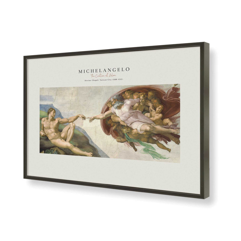 La création d'Adam par Michel-Ange v2, H 25 po x l 37 po x P 1,25 po, Reproduction encadrée sans passe-partout, Noir satiné