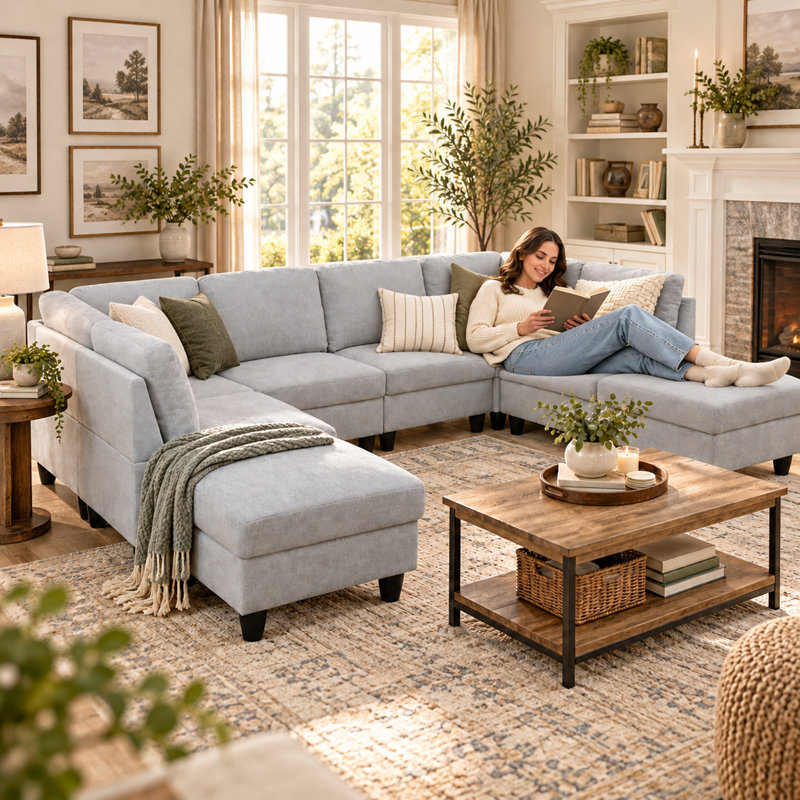 Ensemble de canapé modulaire en flanelle gris clair 8 pièces pour salon