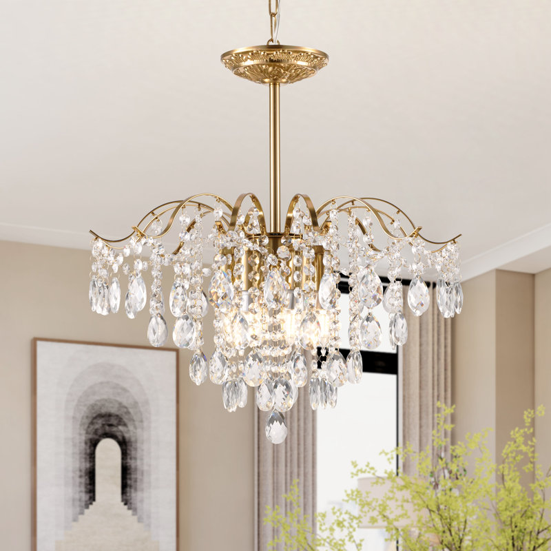 Lustre en cristal à gradation de 6 lumières Mid-Century, H 47,5 po x l 20 po x P 20 po, Doré