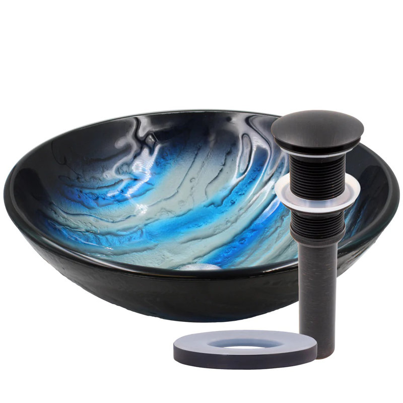 Novatto 16.5'' Glass Circular Bathroom Sink with Faucet, Oil Rubber Bronze
