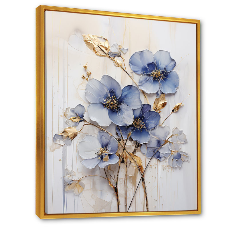Bleu et or Exquisit Violets IV, H 44 po x l 34 po x P 1,5 po, Cadre flottant doré