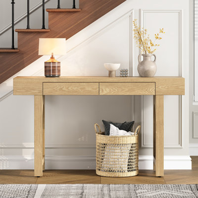 Console étroite avec décoration en rotin, table d'entrée en bois naturel avec tiroirs de rangement, élégante table de canapé rustique pour le salon et le couloir