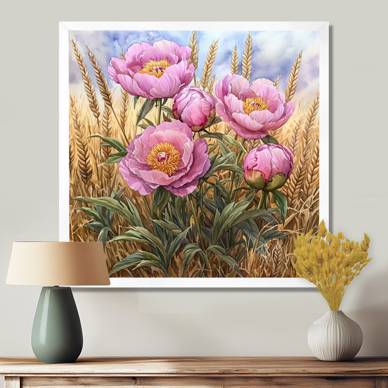 Pe pivoines dans le champ de blé III - pivoines, art mural sur toile, Reproduction encadrée d'une seule photo, Blanc