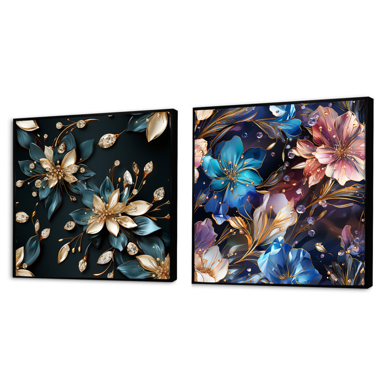 Zelem - Ensemble de 2 collages carrés abstraits, Cadre flottant noir, H 30 po x l 61 po