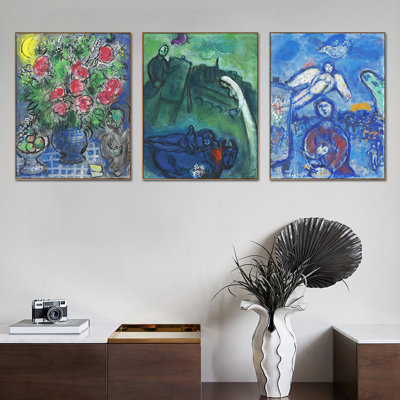 Ensemble de 3 tableaux encadrés de Marc Chagall, série n° 31, pour la décoration du salon, de la maison ou du bureau (cadre mince couleur bois, 61 x 81 cm chaque pièce).