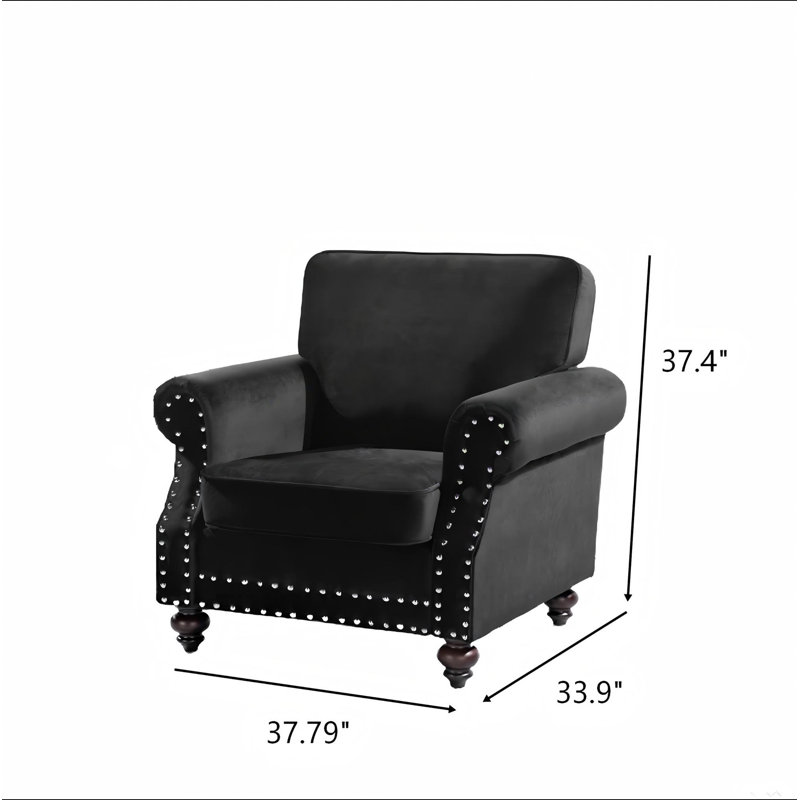Chaise d'appoint classique en velours avec pieds tournés en bois massif et fauteuil rembourré, Black Velvet