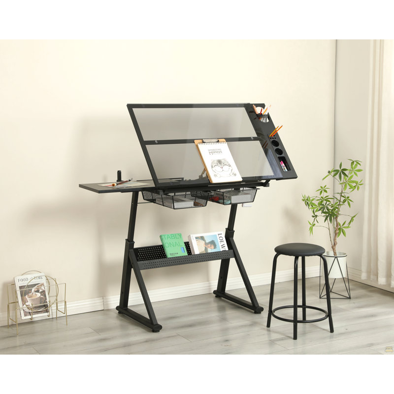 Table de dessin et d'impression en verre trempé réglable à manivelle avec chaise et espace de rangement pour salon, bureau, chambre à coucher