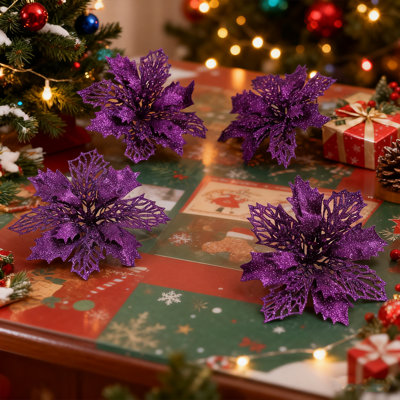 10 pièces de fleurs de Noël scintillantes à motif de poinsettias rouges 4 po