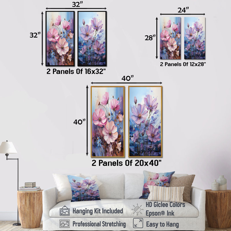 «Pink Morning Glory», art liquide, champ de fleurs - fleurs sauvages, ensemble de 2 impressions sur toile, Toile tendue