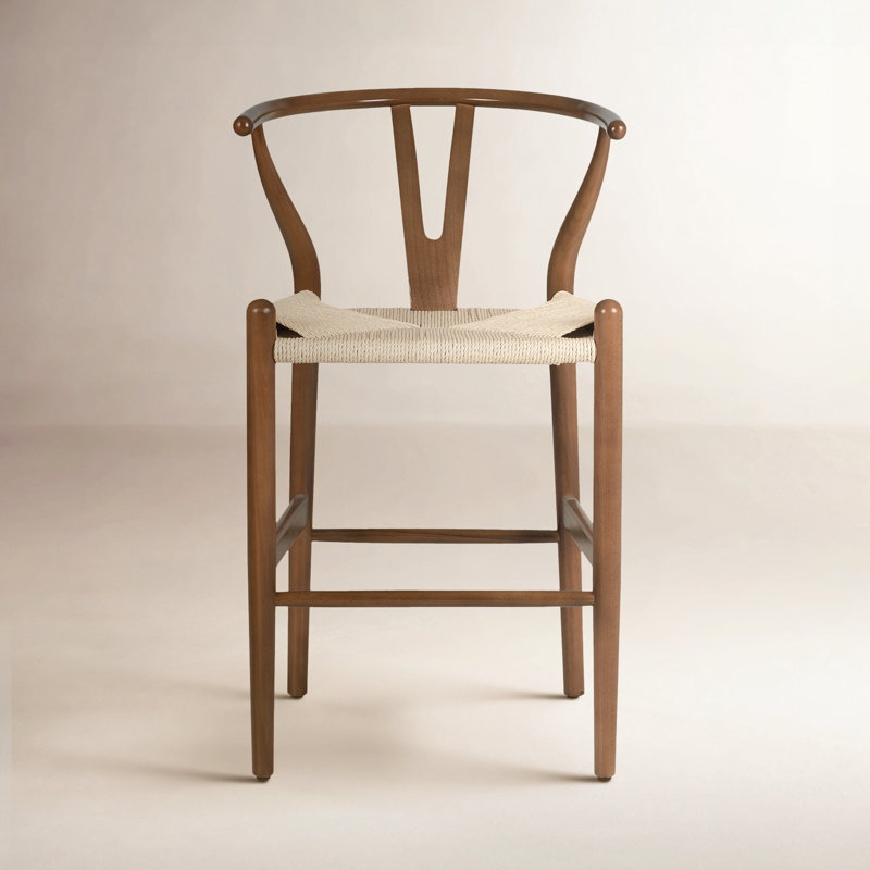  Tabouret de comptoir en bois massif avec assise tissée, Noyer / naturel