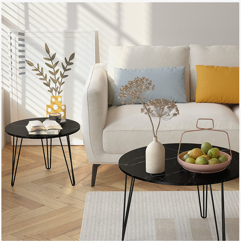 Ensemble de 2 tables basses gigognes rondes de 27,56 po, ensemble de tables de bout gigognes circulaires, plateau de table rond en marbre et base en métal robuste pour le salon, la chambre à coucher, noir