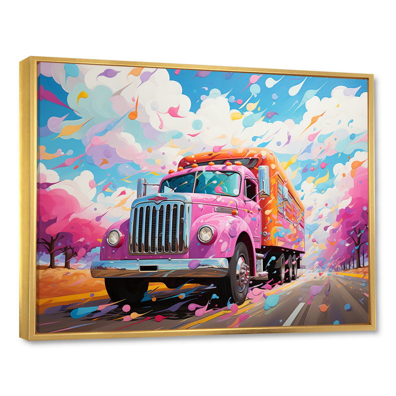 Camion Raimbow rose sur toile, Cadre flottant doré, H 34 po x l 44 po x P 1,5 po