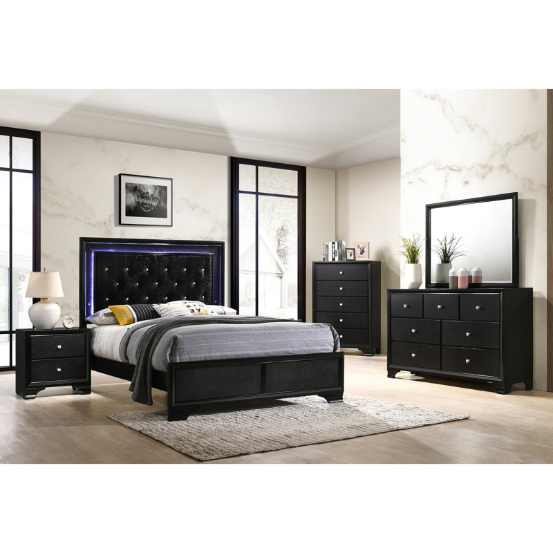 Queen Size Led Panel Bed With Upholstered Headboard And Faux Diamonds Modern Support Legs In Black