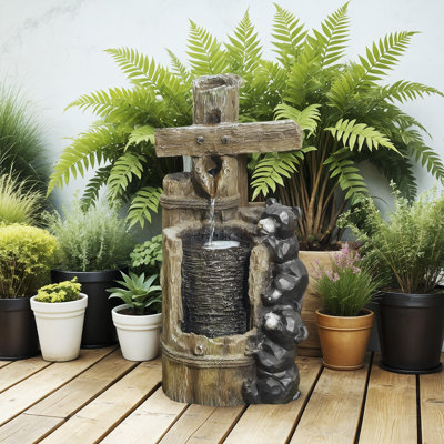 22.8" Tall Outdoor Water Fountain, 3-Tier Floor Standing Resin Bears on Log Waterfall Fountain with LED Lights, Pump for Garden, Patio, Backyard