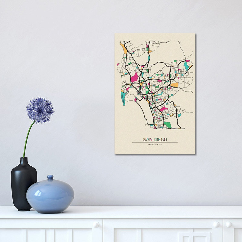 Carte de San Diego, Californie par - Toile tendue, H 18 po x l 12 po x 1,5 po