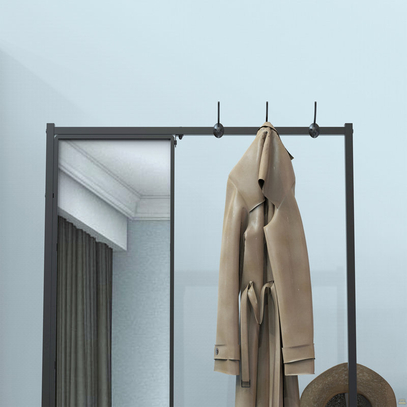 Portemanteau avec miroir, portemanteau multifonctionnel avec rangement pour chaussures, structure en métal, pour salon chambre à coucher 73 x 32 x 15 pouces, style industriel, brun rustique et noir