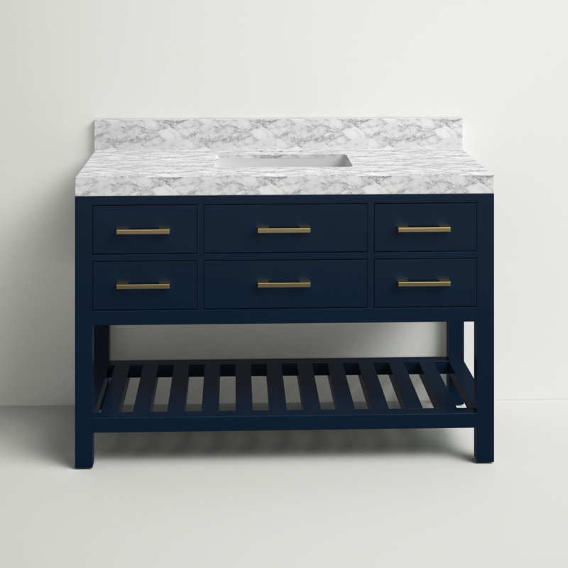 Ensemble de meuble-lavabo simple 48 po Carrie, Bleu héritage / or brossé, Marbre blanc de Carrare