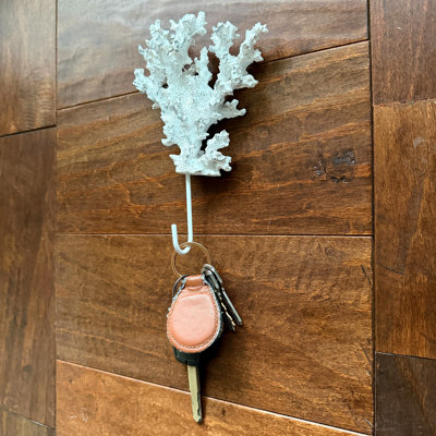 Coastal White and Silver Coral Wall Hook with Keyhole Mount, Resin and Metal, 7.25 Inches High