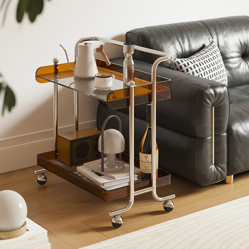 Chariot à roulettes 24,41 po en acrylique à double couche avec cadre et roulettes en acier inoxydable, table d'appoint de rangement multifonctionnelle pour la maison, le salon et l'hôtel