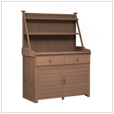 [Assembly Video Provided]  65Inch Garden Potting Bench Table, Fir Wood Workstation With Storage Shelf, Drawer And Cabinet, Brown