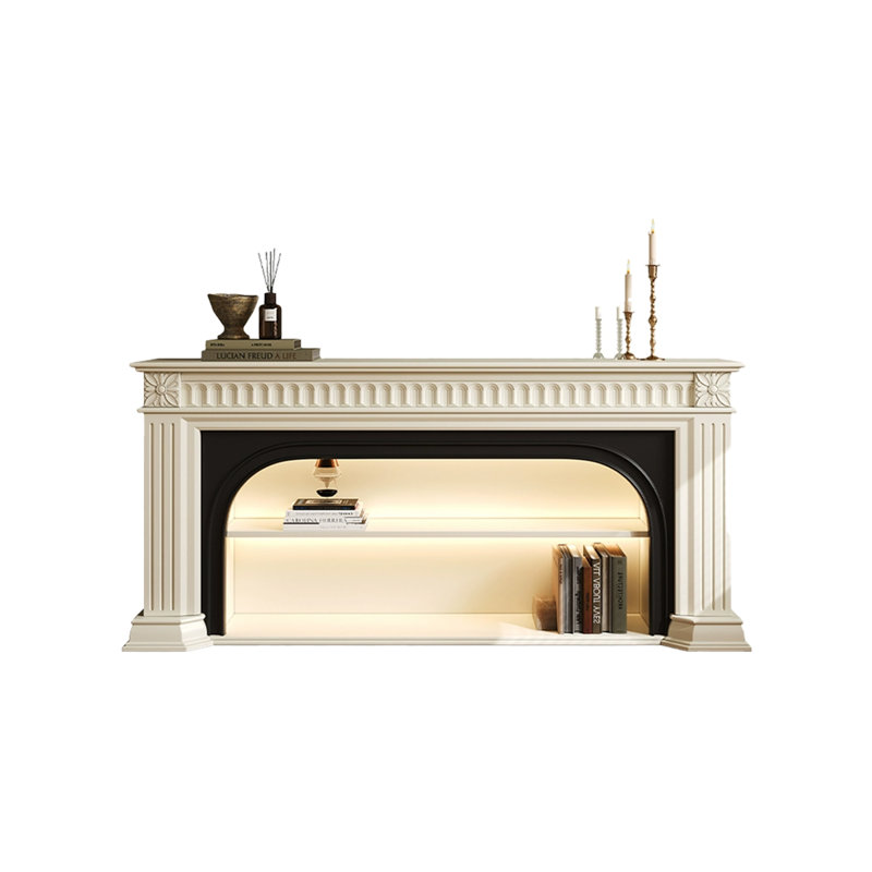 Beige + Black Solid Wood TV Cabinet Fireplace, 29.53" H x 86.61" W x 13.78" D