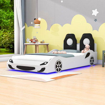 Twin Wooden Race Car-Themed Bed with Upholstered Backrests and LED Lighting