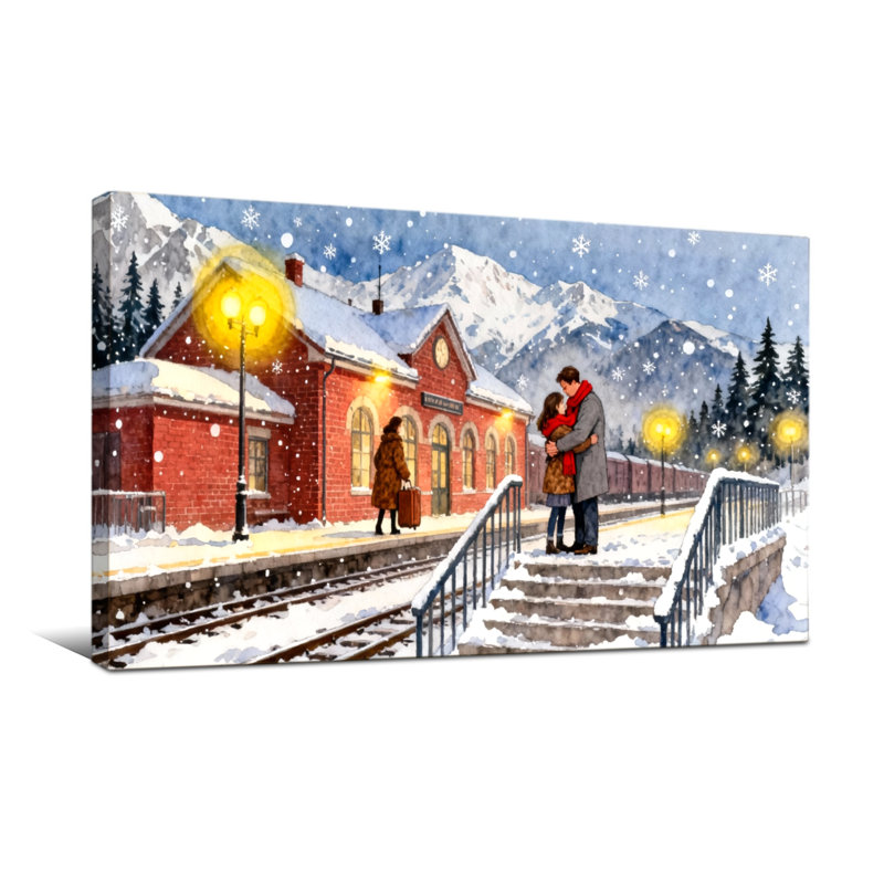 Scène d'amour de Noël station d'hiver enneigée, H 16 po x l 32 po