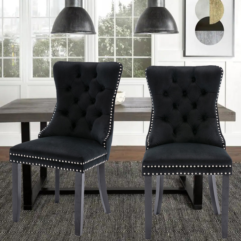 Tufted Velvet Wing Back Side Dining Chairs, Black, Black