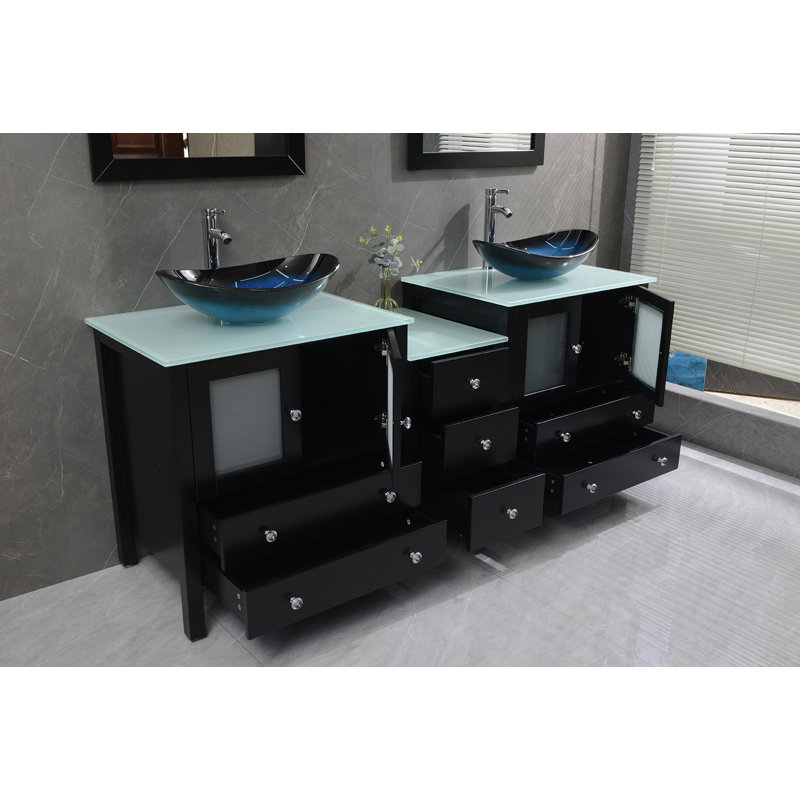 Meuble-lavabo double autoportant 74,5 po avec plateau en verre trempé, Noir