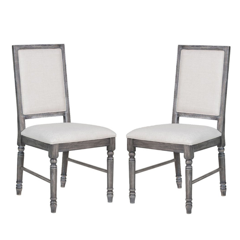 De 2 chaises de salle à manger revêtues de lin crème et gris vieilli, avec garniture rectangulaire en bois, garniture de traverse ronde à hauteur standard et dossier solide en mousse de 2 po