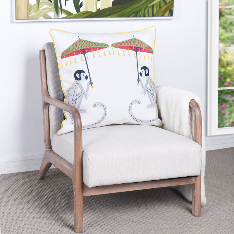 Monkey Print and Navy Velvet Double Sided Pillow with Yellow Piping, 24" x 24"