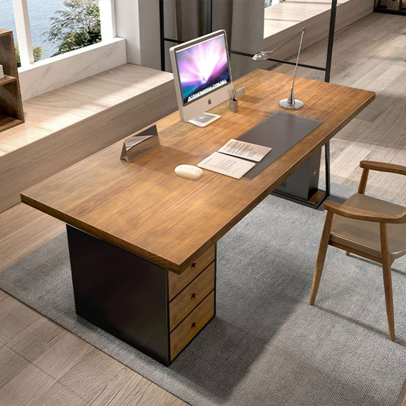 Bureau de direction rectangulaire en bois massif brun clair avec tiroirs, Retour à gauche, 29.53" H x 78.74" W x 31.5" D