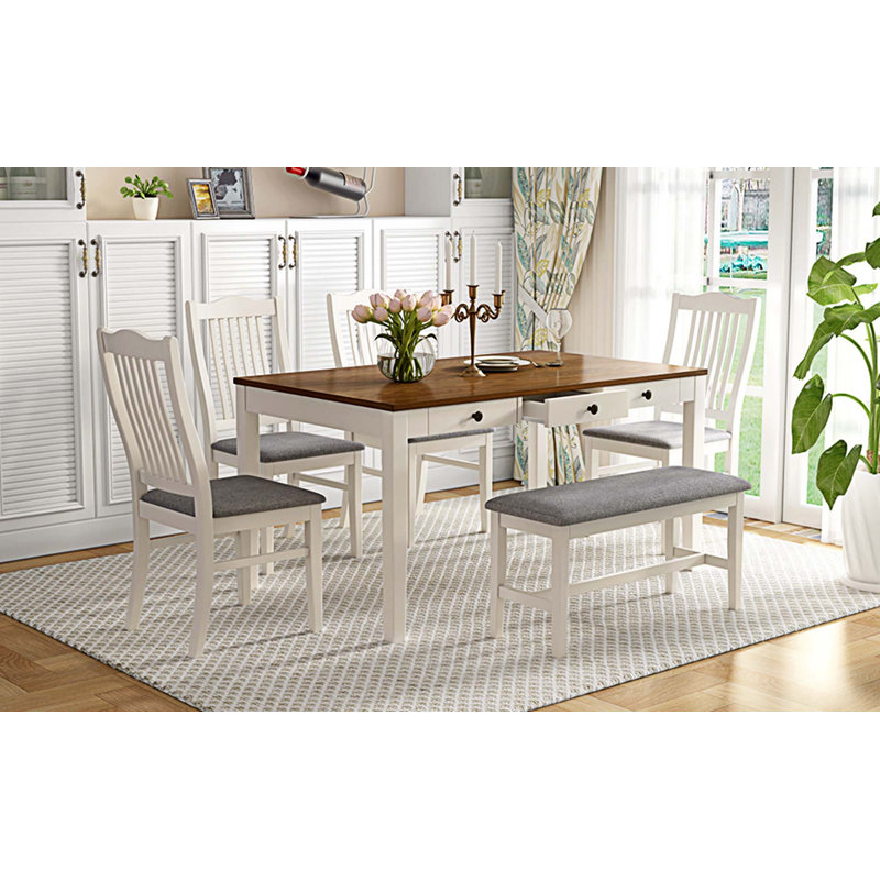 Barnouski Four Leg Dining Set, Brown/White, White, White