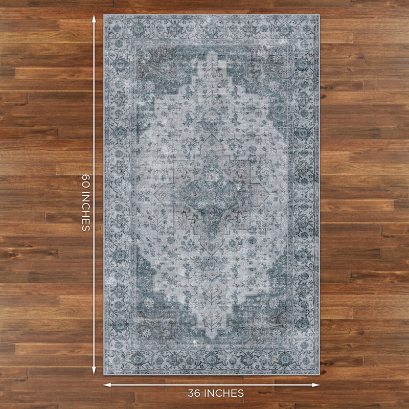 Tapis oriental en polyester tissé à la machine en bleu, Rectangle 3 pi x 5 pi