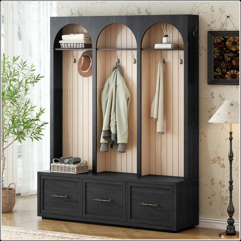 Arched Wooden Hall Tree with 8 Hooks and Drawers, Black